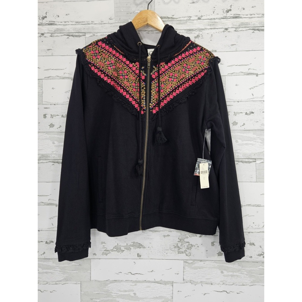 Anthropologie Akemi + Kin Black Beaded Lace Trim Zip Hoodie Large